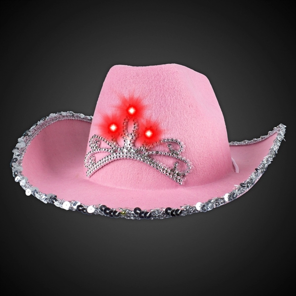 Pink cowboy hat with attached flashing LED tiara accents and silver... from ASI 42016 Brighter Promotions Inc