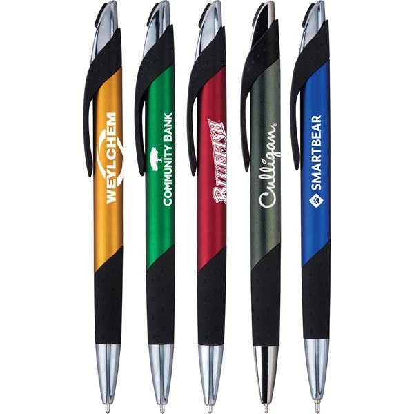 Click-action ballpoint pen with shimmering metallic barrel, contemporary accents, dimpled black... from ASI 61966 HPG / Hub Pen