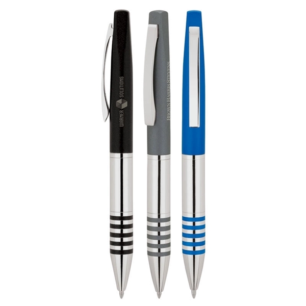 Twist-action ballpoint pen with brass body and matching color grip bands... from ASI 67866 Logomark/Valumark