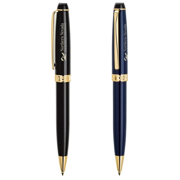 Twist action ballpoint pen with gloss lacquered finish, polished gold accents... from ASI 67866 Logomark/Valumark