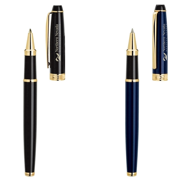 Rollerball pen with cap-off design, brass construction, gold clip and accents... from ASI 67866 Logomark/Valumark