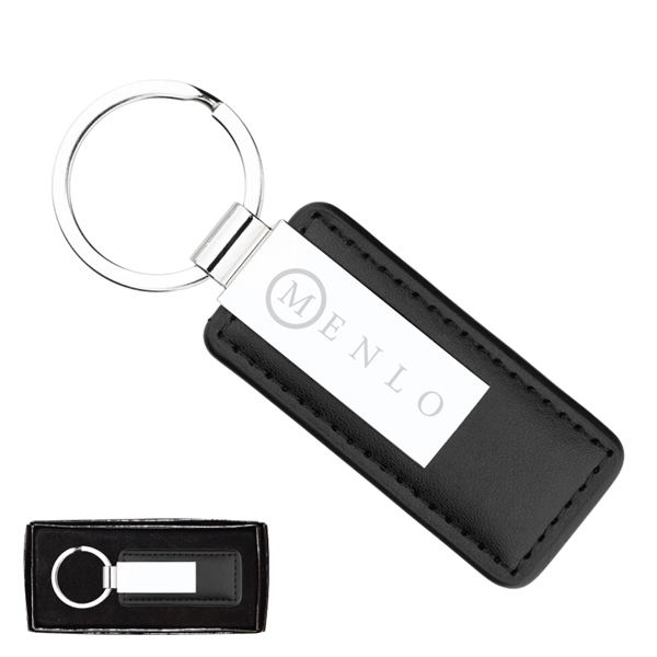 Chrome finished metal plated keyring with synthetic leather strap and black... from ASI 57655 STOPNGO Line
