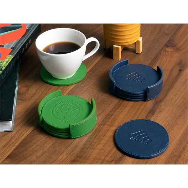 Pantone Matched, Set of 4 Leather Coasters with matching holder... from ASI 45657 Pop! Promos