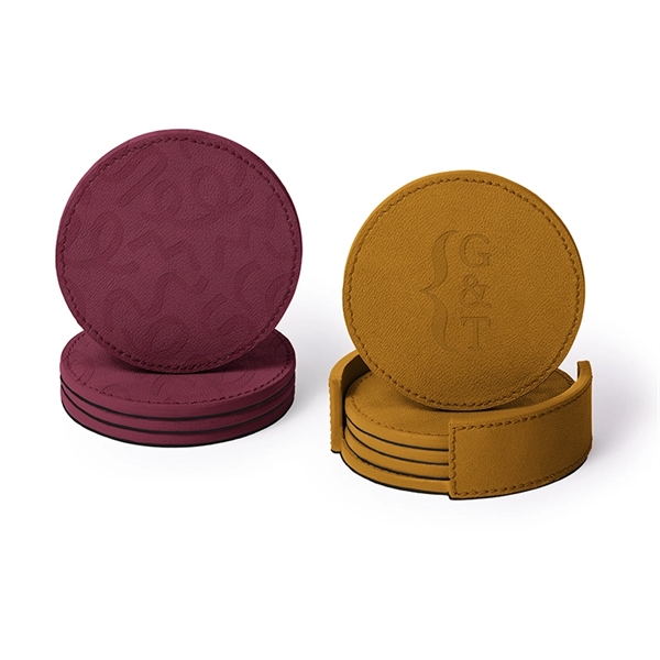 Pantone Matched, Set of 4 Leather Coasters with matching holder... from ASI 45657 Pop! Promos