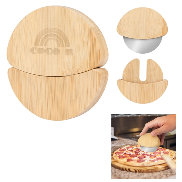 Two-piece bamboo wood pizza cutter with blade guard.... from ASI 61125 Hit Promotional Products / Hit®