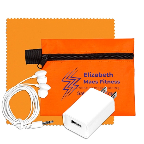 Tech travel accessory kit with earbuds, microfiber cloth, wall charger and... from ASI 62660 Innovation Line