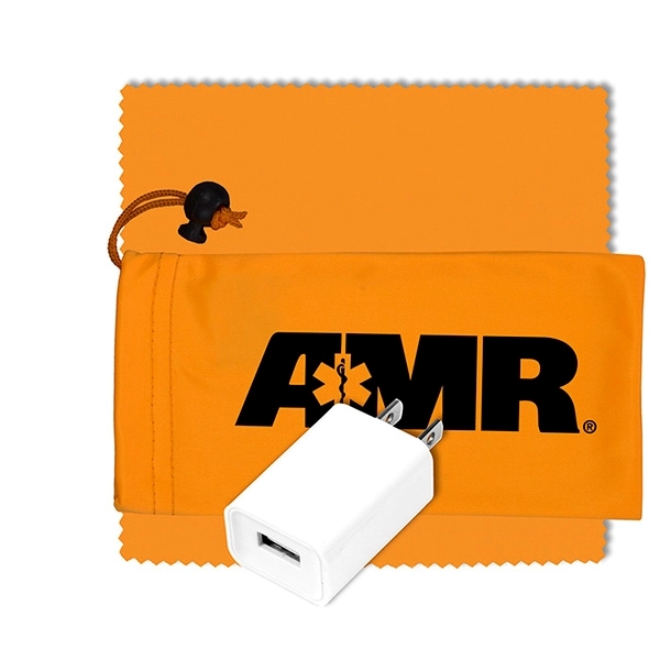 Microfiber cinch pouch filled with a UL Listed USB wall charger... from ASI 62660 Innovation Line