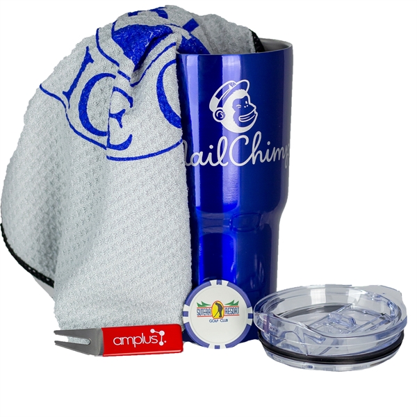 Tour kit with a 20-ounce insulated tumbler, golf towel, golf tool,... from ASI 57653 Gold Bond