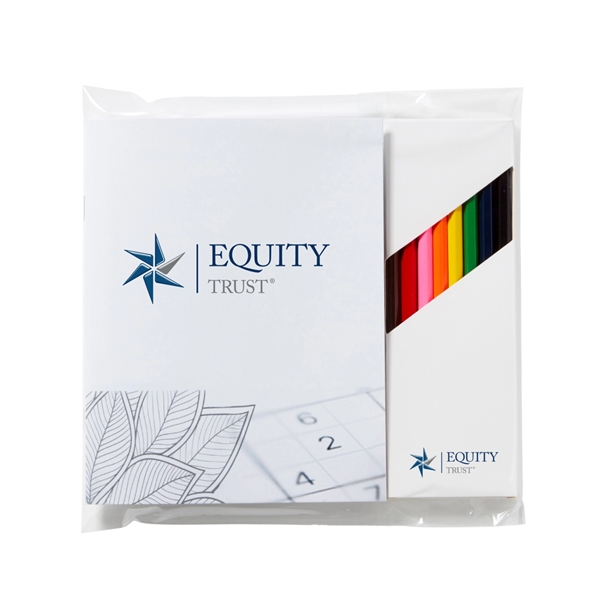 5.5"x7" 32-page adult coloring book with box of seven colored pencils.... from ASI 63549 Jornik Manufacturing Corp