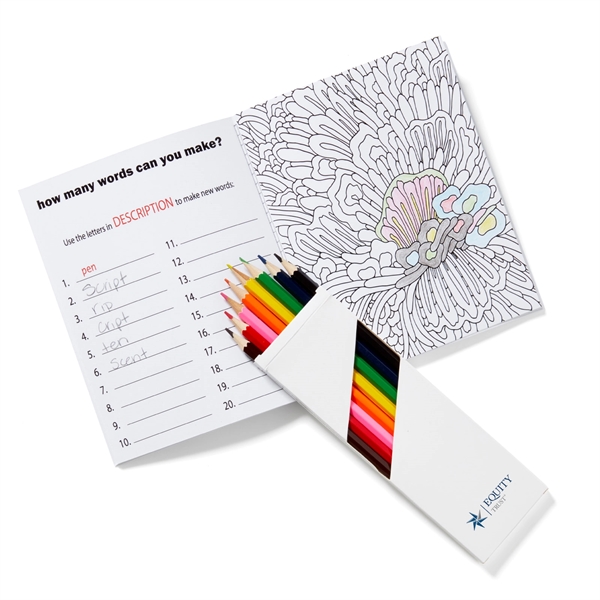 5.5"x7" 32-page adult coloring book with box of seven colored pencils.... from ASI 63549 Jornik Manufacturing Corp