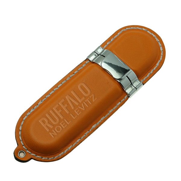 This Hazelhurst Leather Round Stitch USB has multiple logo imprint possibilities... from ASI 90154 Sunjoy Group Inc