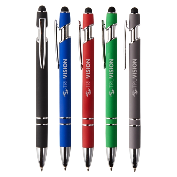 Soft touch pen with plunger action pen with stylus tip features... from ASI 52840 Evans Manufacturing
