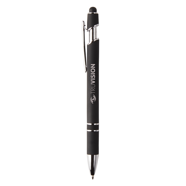 Soft touch pen with plunger action pen with stylus tip features... from ASI 52840 Evans Manufacturing