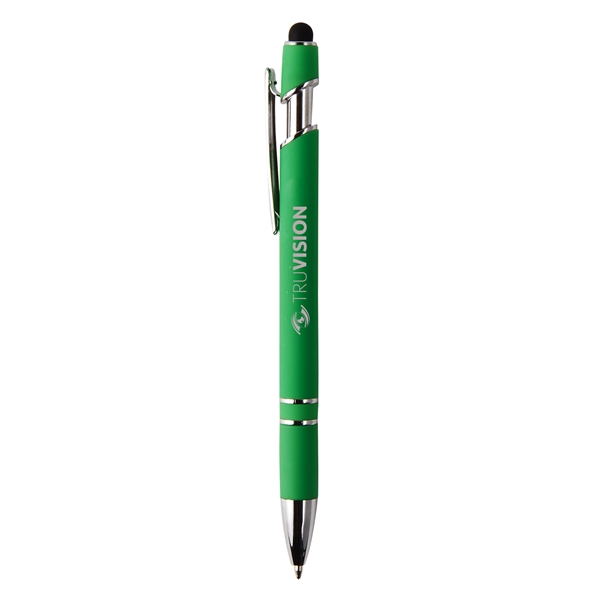 Soft touch pen with plunger action pen with stylus tip features... from ASI 52840 Evans Manufacturing