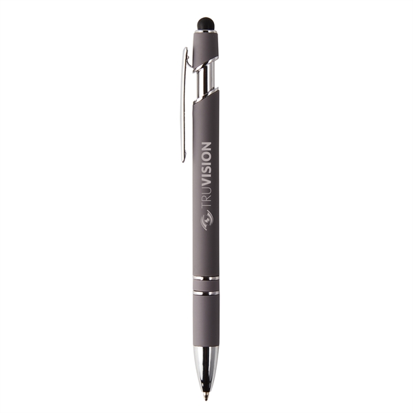 Soft touch pen with plunger action pen with stylus tip features... from ASI 52840 Evans Manufacturing