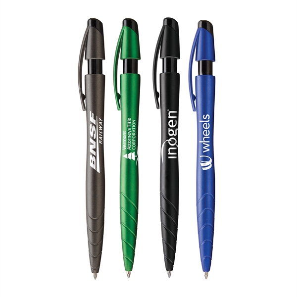 Retractable ballpoint pen with shimmering metallic barrel, notched plunger, black trim,... from ASI 61966 HPG / Hub Pen