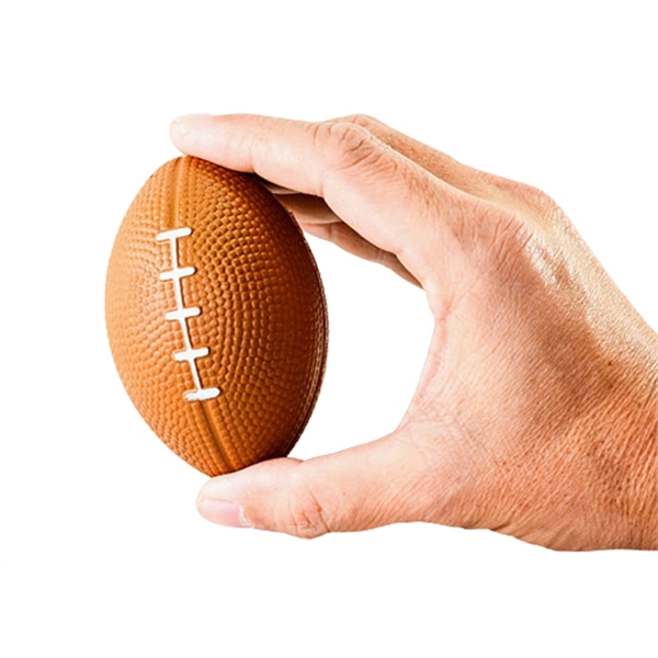 Rugby shaped stress reliever ball with 1c1p sticker imprint... from ASI 37218 Athena Promo (tm)