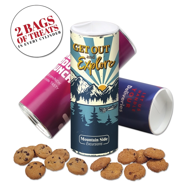 Full-color cylinder filled with bite-sized cookies... from ASI 68680 Maple Ridge Farms Inc