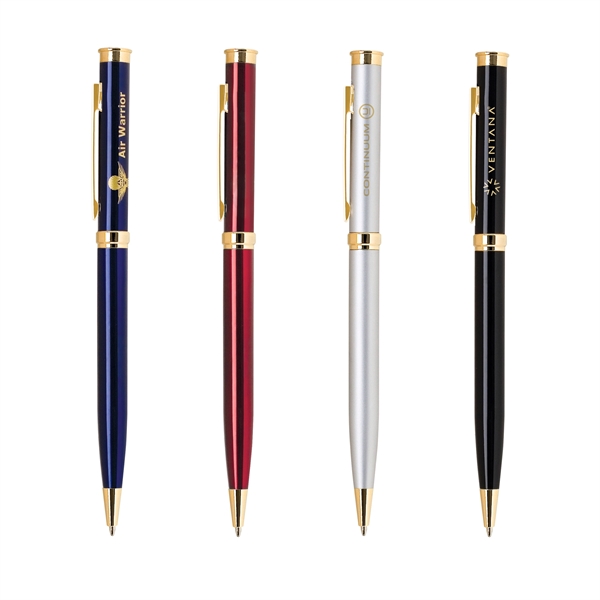 Brass twist-action ballpoint pen with a metallic colored barrel and gold... from ASI 68190 Lungsal / Lungsal