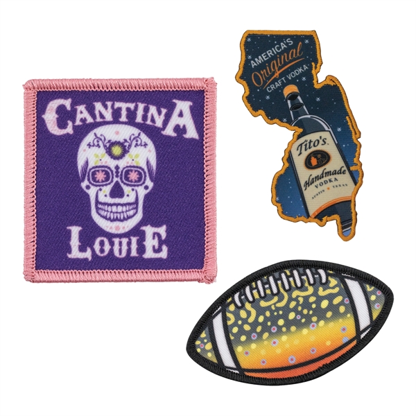Satin polyester custom patches in assorted shapes and sizes with merrowed... from ASI 52263 EMT / EMT