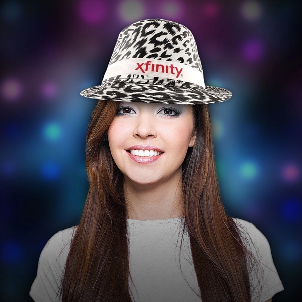 Stylish black and silver leopard print fedora with customizable logo on... from ASI 42016 Brighter Promotions Inc