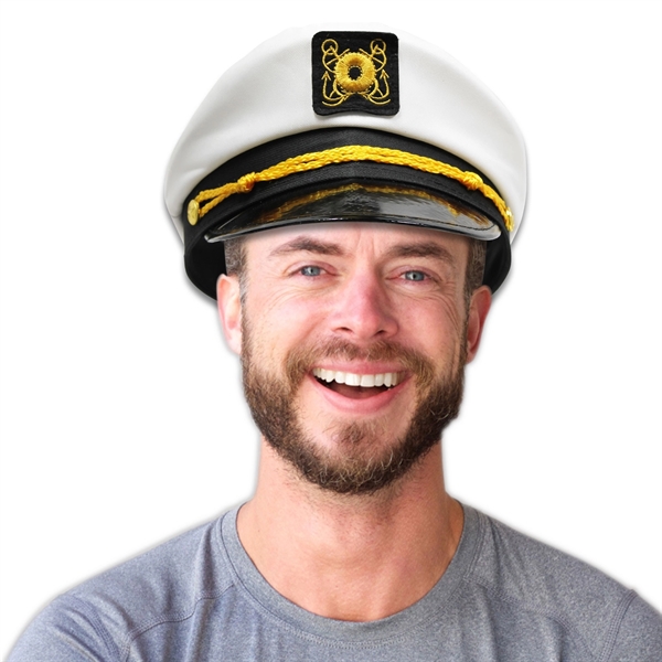 Captain's hat accented with black plastic brim and gold braiding.... from ASI 42016 Brighter Promotions Inc