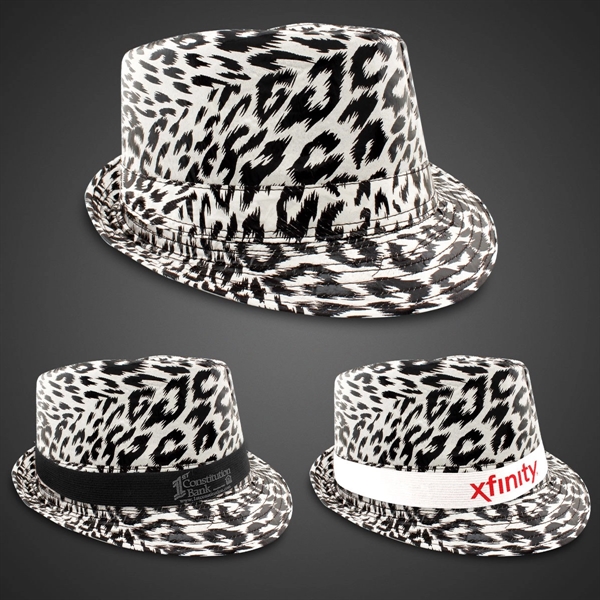 Stylish black and silver leopard print fedora with customizable logo on... from ASI 42016 Brighter Promotions Inc