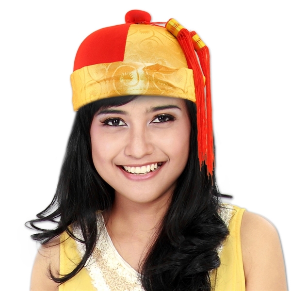 Red and gold satin Mandarin style hat; sold blank.... from ASI 42016 Brighter Promotions Inc