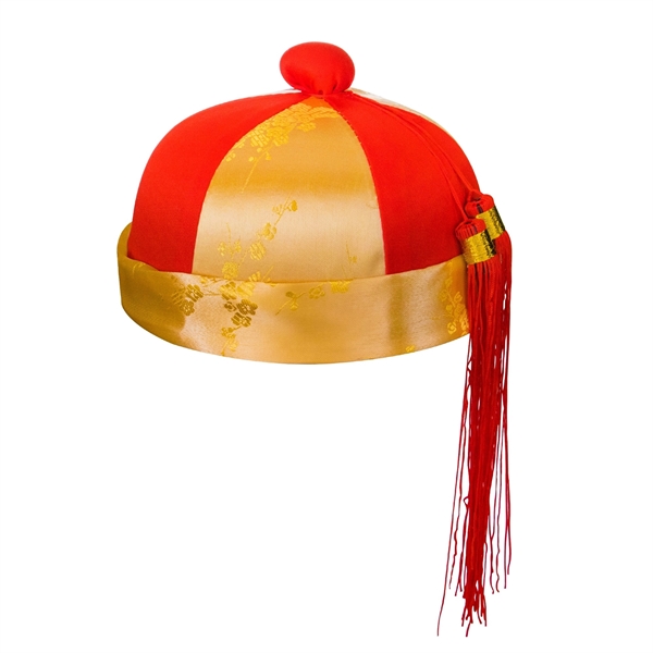 Red and gold satin Mandarin style hat; sold blank.... from ASI 42016 Brighter Promotions Inc
