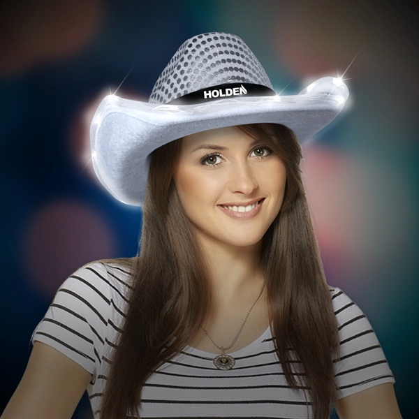 Silver sequined cowboy hat with 13 white LED lights.... from ASI 42016 Brighter Promotions Inc