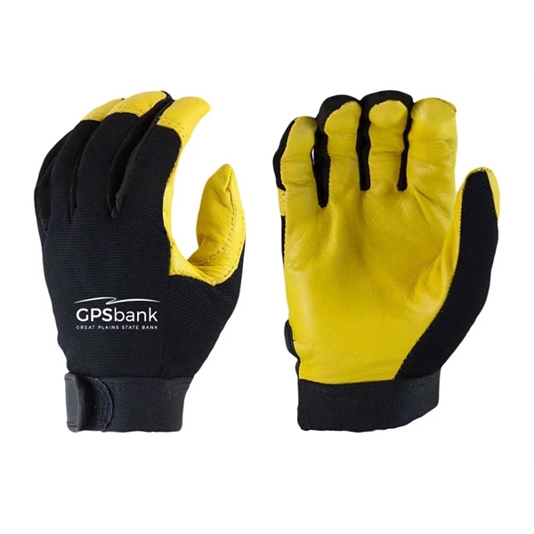 Tan, pigskin palm, mechanic's glove, black nylon, screen printed.  Spandex... from ASI 79951 Promosafe / Promosafe