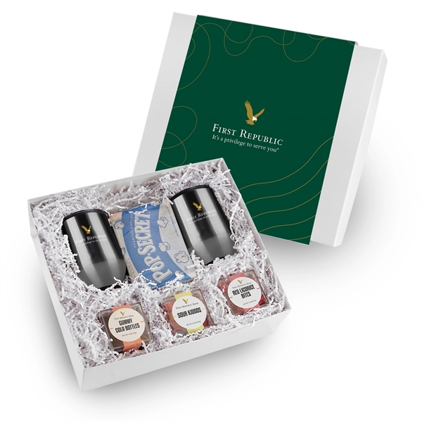 Two 12 oz stainless steel stemless wine tumblers, 2 microwave popcorns,... from ASI 71685 Midnite Snax®