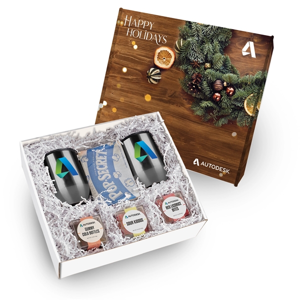 Two 12 oz stainless steel stemless wine tumblers, 2 microwave popcorns,... from ASI 71685 Midnite Snax®