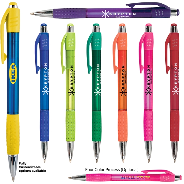 Translucent pen with a rubber grip and pocket clip.... from ASI 57653 Gold Bond