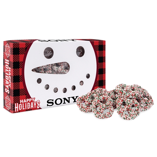 Snowman Die Cut Box With Milk Chocolate Christmas Mini Pretzels.... from ASI 44900 NC Custom (CI/Lanco)