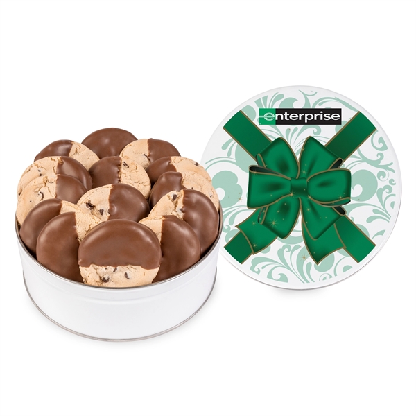White tin filled with 14 individually wrapped dipped chocolate chip cookies.... from ASI 44900 NC Custom (CI/Lanco) / Fresh Beginnings