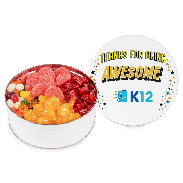 White tin filled with Cherry Bites, Cherry Fruit Slices, Jelly Beans... from ASI 44900 NC Custom (CI/Lanco) / Fresh Beginnings