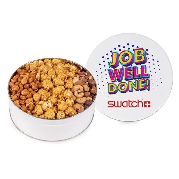 Tin filled with caramel popcorn, honey roasted peanuts and salted nut... from ASI 44900 NC Custom (CI/Lanco) / Fresh Beginnings