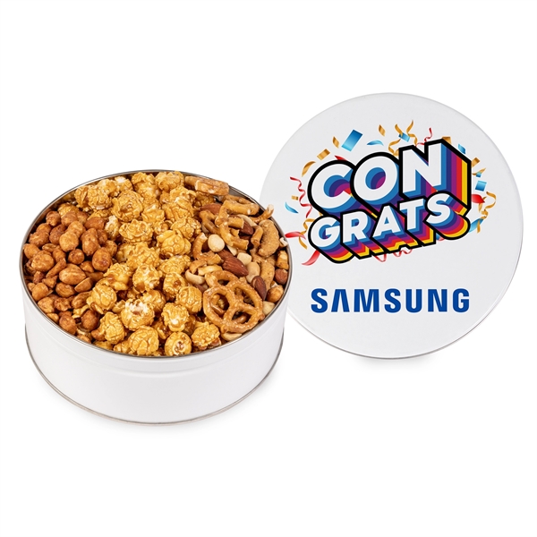 Tin filled with caramel popcorn, party mix and honey roasted peanuts.... from ASI 44900 NC Custom (CI/Lanco) / Fresh Beginnings