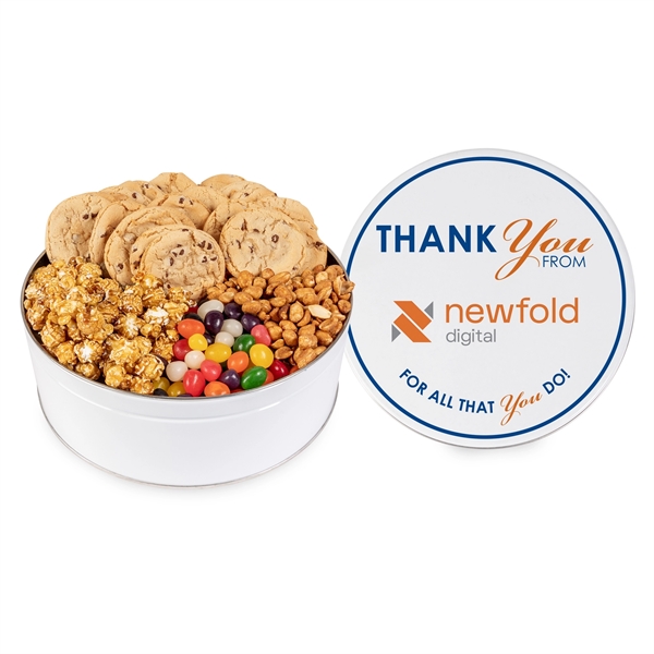 Tin with Chocolate Chip Cookies (20), Honey Roasted Peanuts (8 oz.),... from ASI 44900 NC Custom (CI/Lanco) / Fresh Beginnings