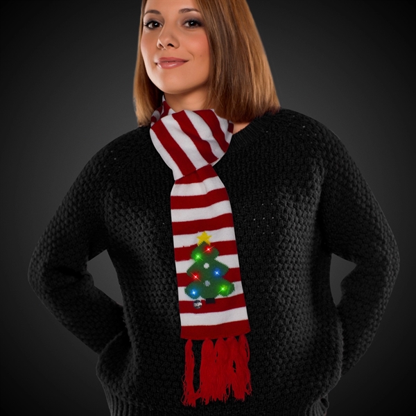 34" long knit scarf with striped Christmas tree design and bright... from ASI 42016 Brighter Promotions Inc