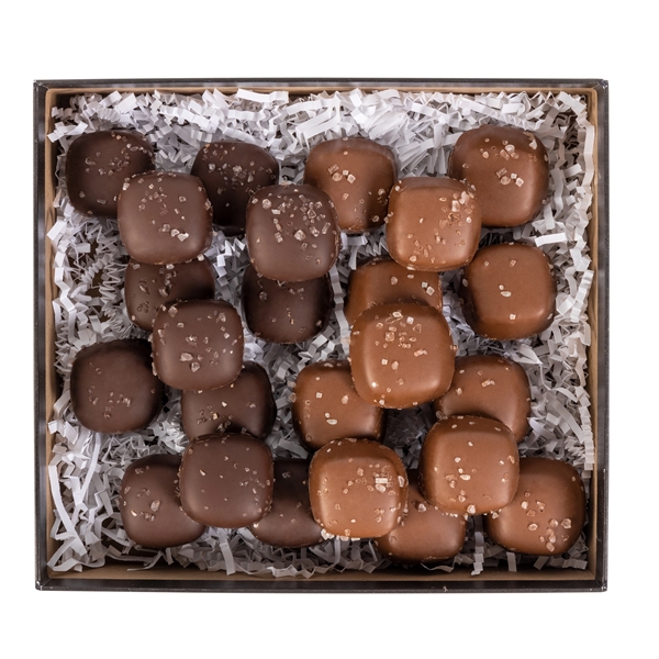 24 piece milk and dark Sea Salt Caramels packaged elegantly in... from ASI 44900 NC Custom (CI/Lanco) / Chocolate Inn