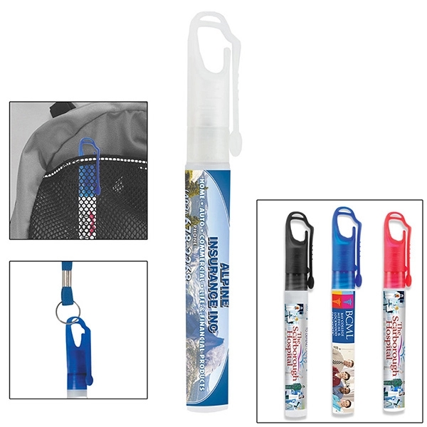 Antibacterial hand sanitizer spray pump bottle with a carabiner clip cap.... from ASI 62660 Innovation Line