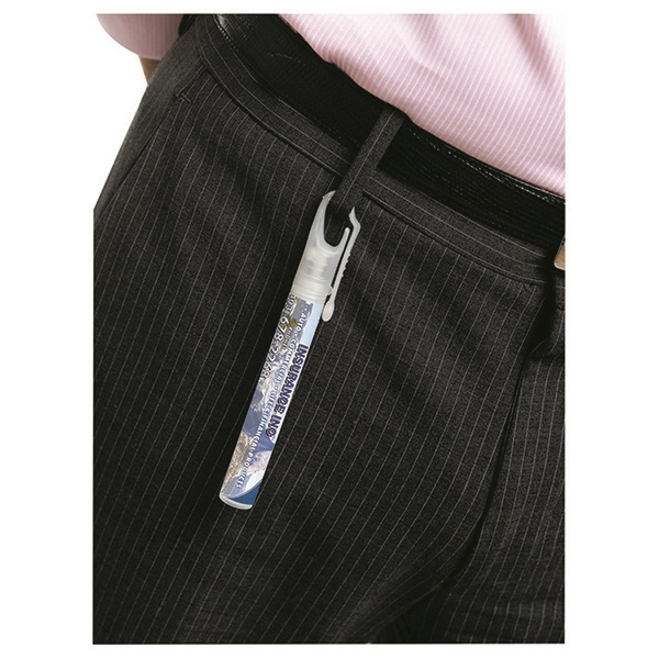 Antibacterial hand sanitizer spray pump bottle with a carabiner clip cap.... from ASI 62660 Innovation Line