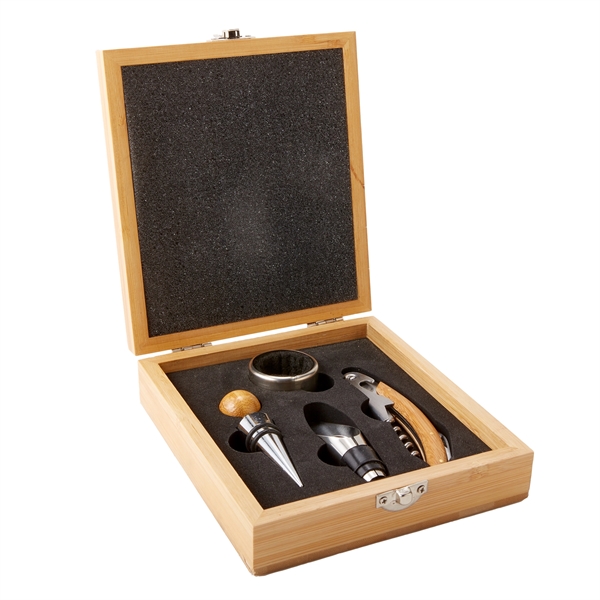 4-piece bamboo wine tool set with a wine opener, wine stopper,... from ASI 52840 Evans Manufacturing