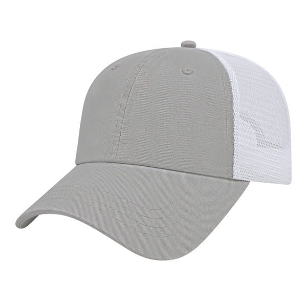 Low profile six panel unstructured cap featuring a standard pre-curved visor... from ASI 43792 Cap America Inc