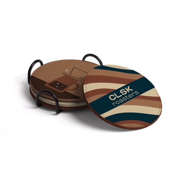 Full-color, full-bleed vegan leather coaster set with black metal holder... from ASI 45657 Pop! Promos