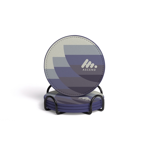 Full-color, full-bleed vegan leather coaster set with black metal holder... from ASI 45657 Pop! Promos