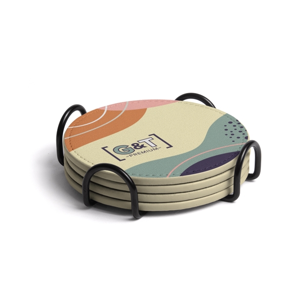 Full-color, full-bleed vegan leather coaster set with black metal holder... from ASI 45657 Pop! Promos