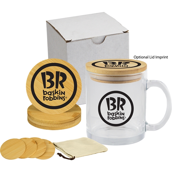 Comfort kit with an 11-ounce mug, lid, coaster set, pouch, and... from ASI 57653 Gold Bond